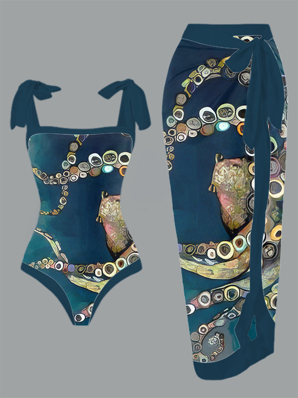 Vintage Octopus Print One Piece Swimsuit And Cover Up