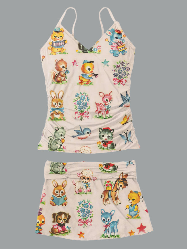 Women’s V-neck Baby Animal Print Suspender Skirt Tankini Set Swimsuit