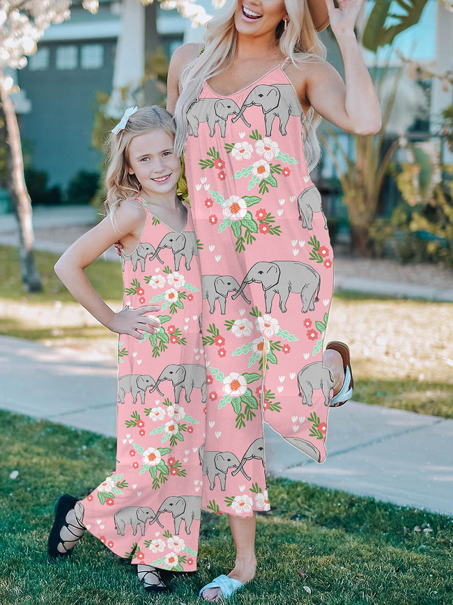 Mommy and Me Baby Elephant Print Wide leg Jumpsuit with Pockets