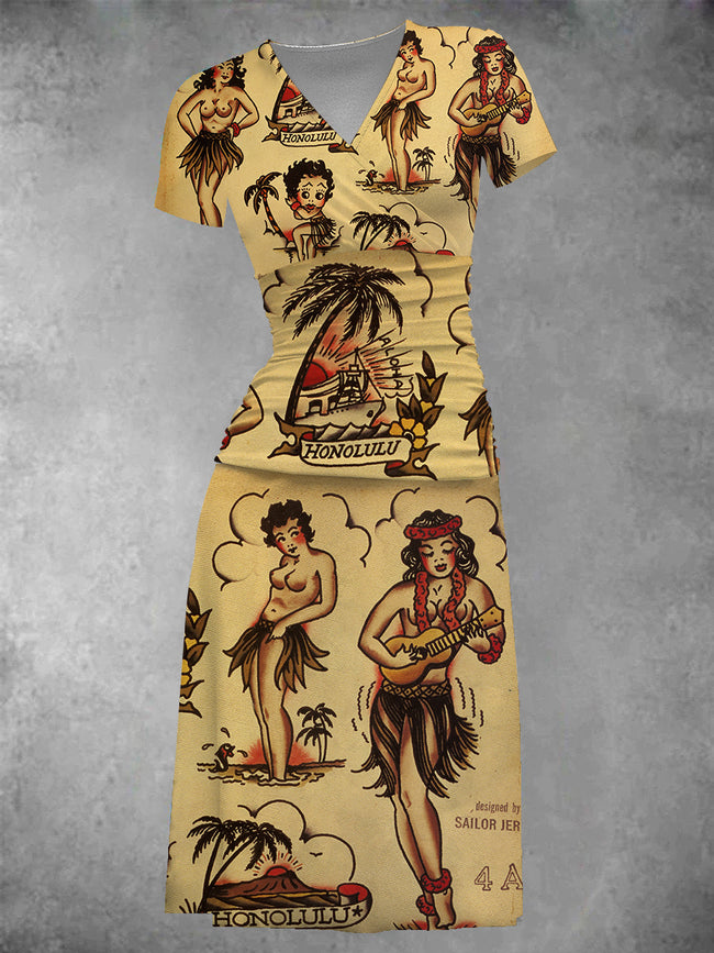 Women's Traditional Tattoo Two-Piece Midi Dress