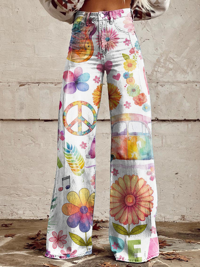 Women's Vintage Hippie Vibes Print Casual Wide Leg Pants