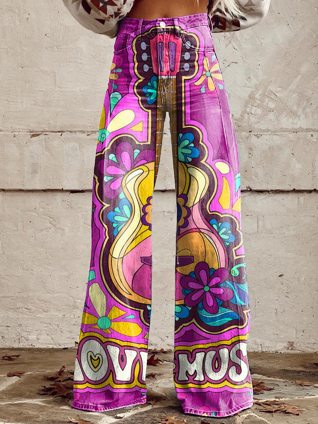 Women's Vintage Hippie Guitar Print Casual Wide Leg Pants