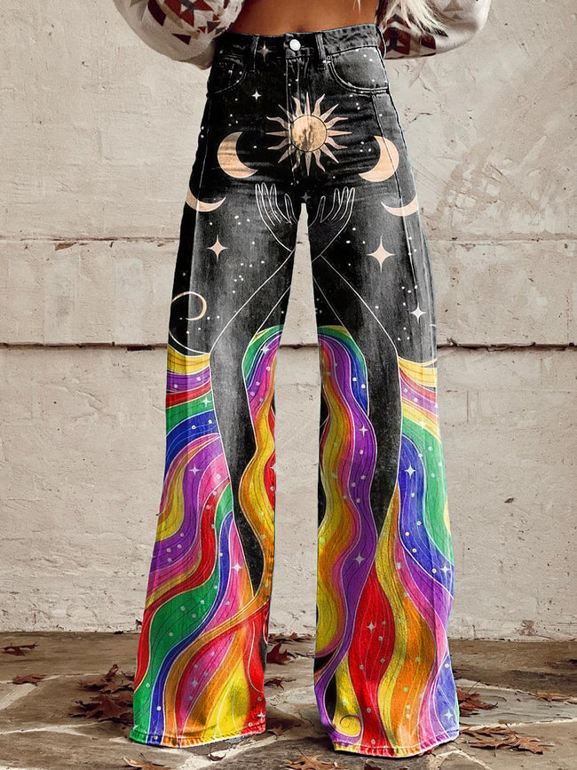 Women's Vintage Hippie Rainbow Girl  Print Casual Wide Leg Pants