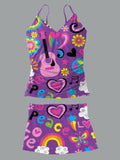 V-Neck Retro Colorful Hippie Music Print Suspender Skirt Tankini Pantskirt Set Swimsuit