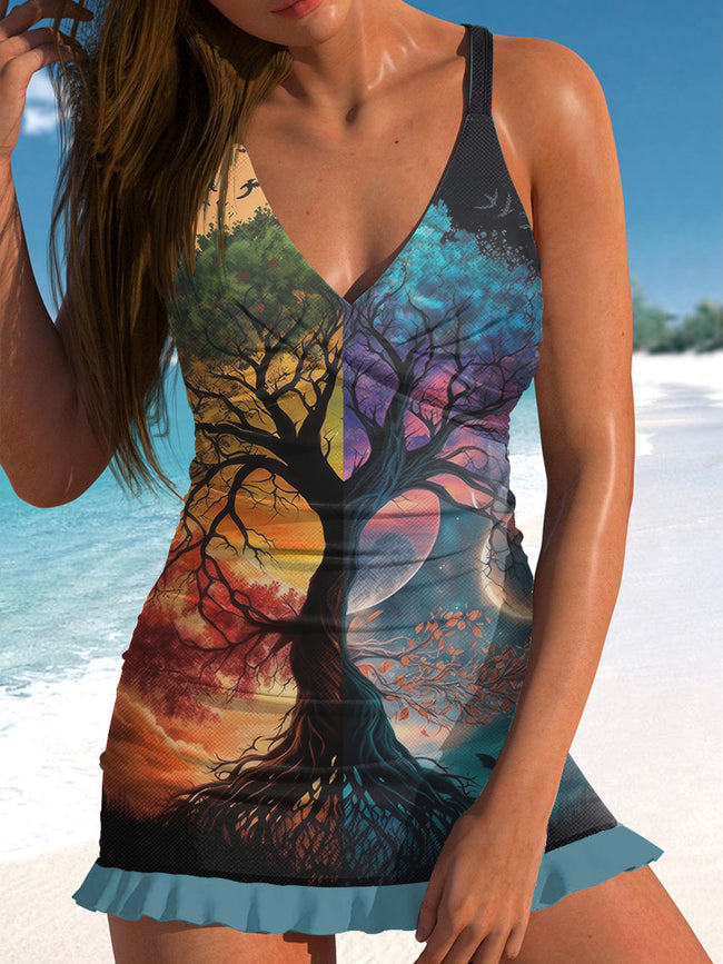 V-Neck Colorful Hippie Tree of life Print Swimdress And Panty