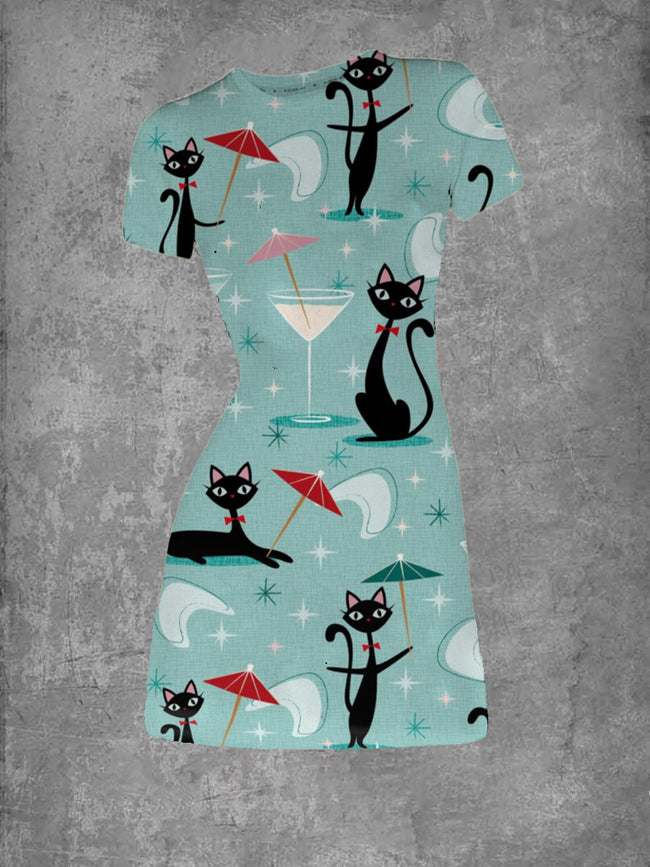Women's Cocktail Umbrella Cats Printed Crew Neck T-Shirt Dress