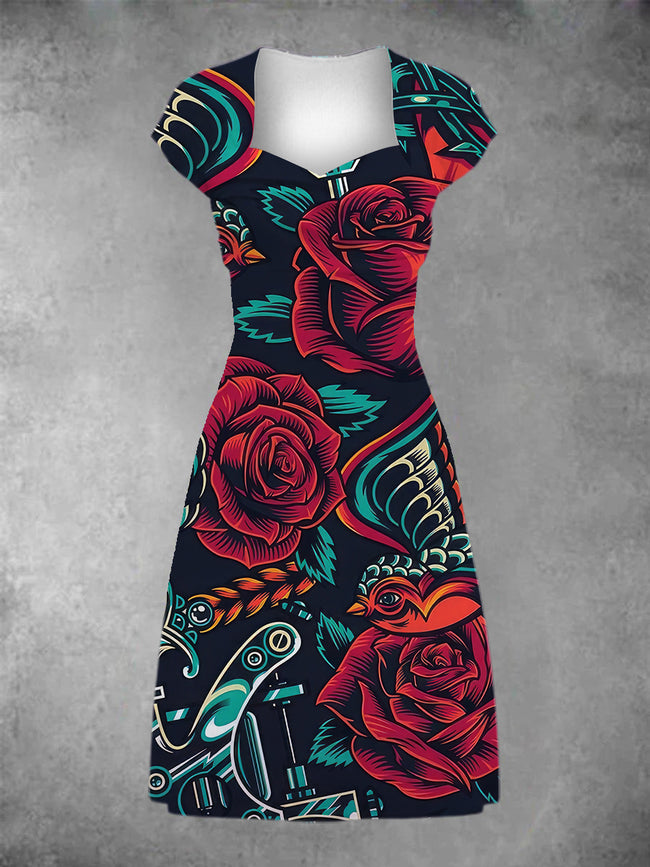 Women's Vintage Rose Patchwork Casual Midi Dress