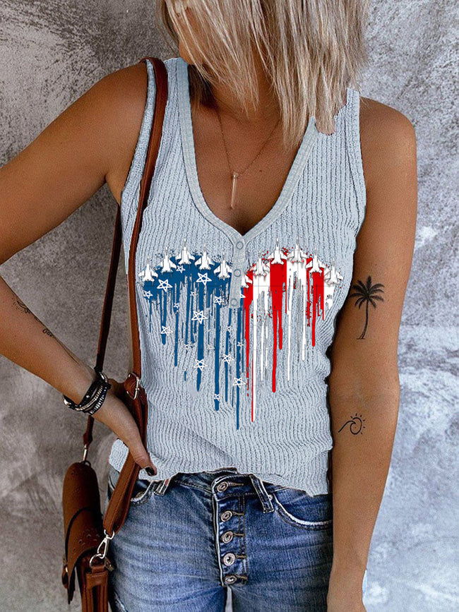 Women's Flag Independence Day Print Casual Ribbed Button V Neck Tank Top