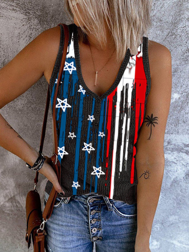 Women's Flag Independence Day Print Casual Ribbed Button V Neck Tank Top