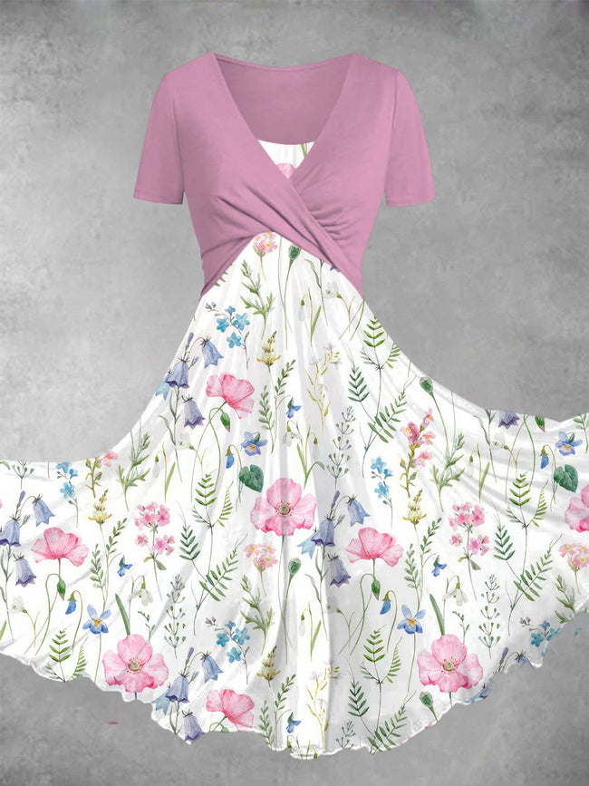 Women's Retro Floral Print V-neck Fake Two-Piece Casual Maxi Dress