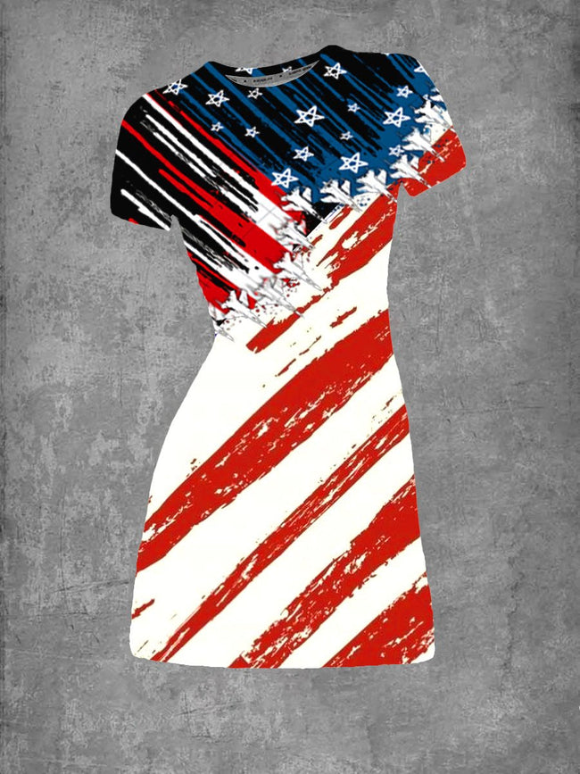 Women's  Flag Independence Day Print Crew Neck T-Shirt Dress