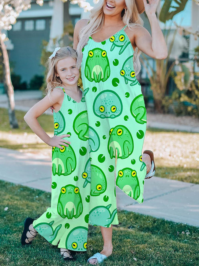 Mommy and Me Jumpsuits Vintage Cute Green Tree Frog Print Wide leg Jumpsuit with Pockets