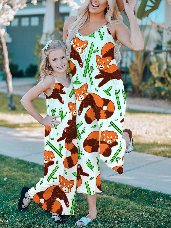 Mommy and Me Jumpsuits Vintage Cute Red Pandas Print Wide leg Jumpsuit with Pockets