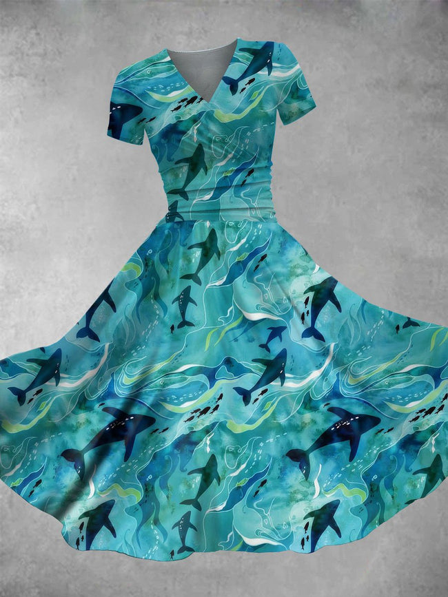 Women's Vintage Teeming Ocean Print Maxi Dress