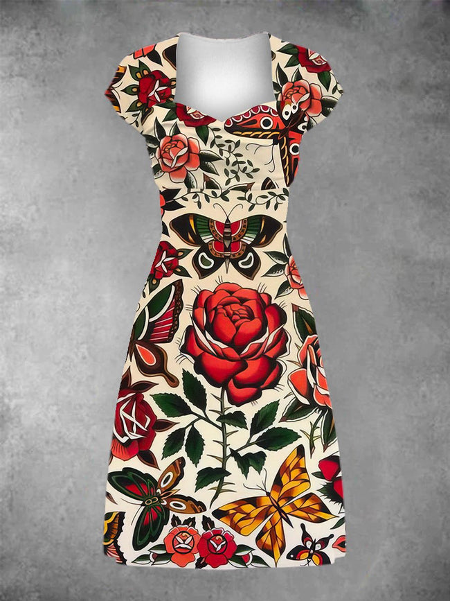Women's Vintage Rose Butterfly Tattoo Print Patchwork Casual Midi Dress