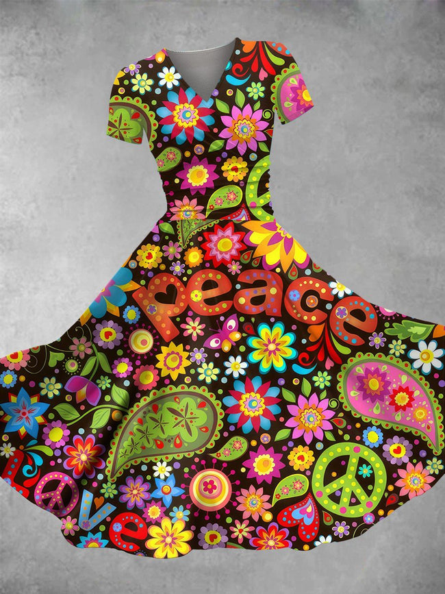 Women's Vintage Hippie Peace Floral Print Maxi Dress