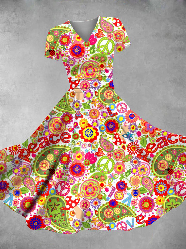 Women's Vintage Hippie Peace Floral Print Maxi Dress
