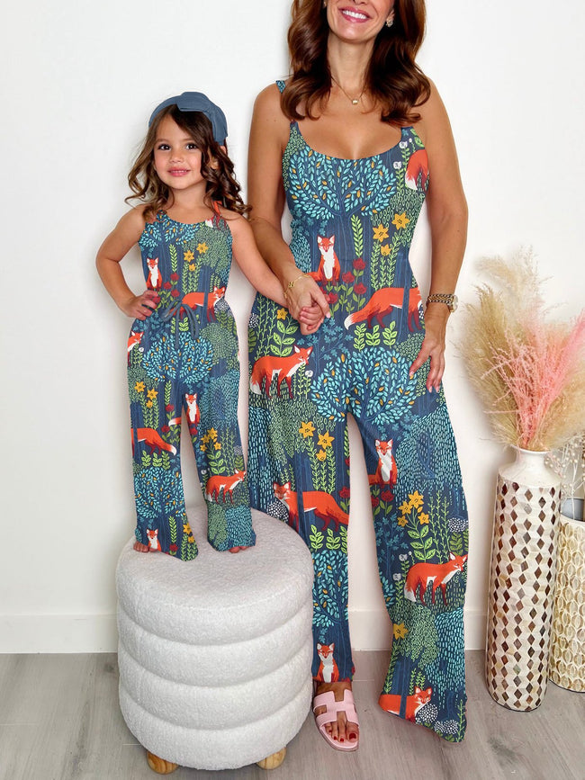 Mommy and Me Jumpsuits Vintage Gold Fox Forest Print Wide leg Jumpsuit