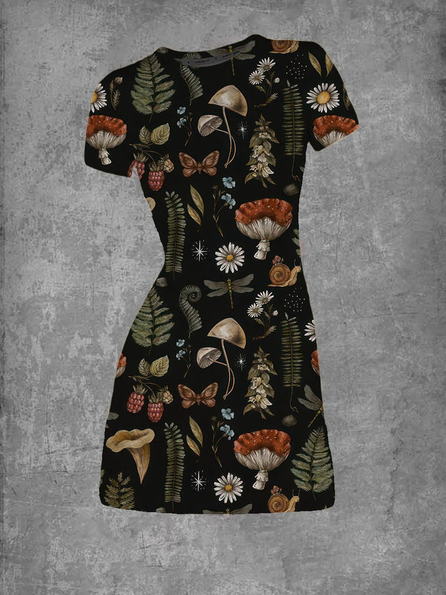 Women's Vintage Mushroom Black Print Crew Neck T-Shirt Dress