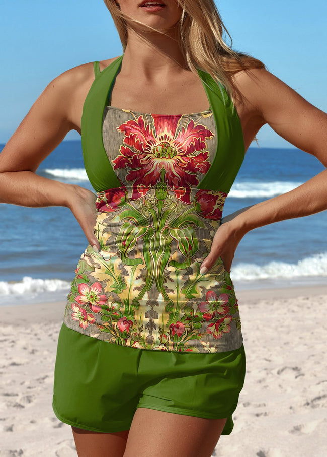 Vintage Ethnic Flower Print Halter Patchwork Mid Waisted Tankini Short Set Swimsuit