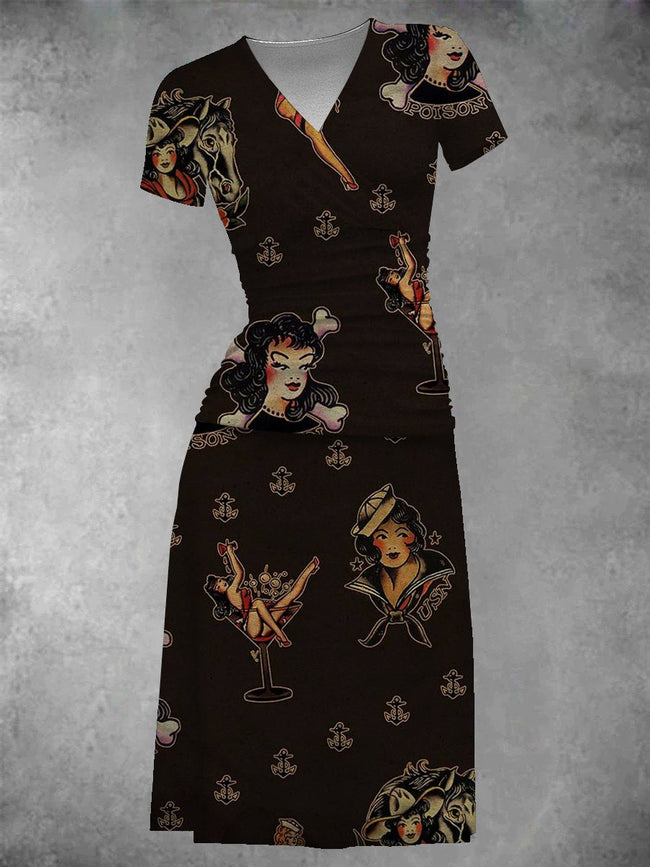 Women's Vintage Sailor Jerry Tattoo Print Midi Dress
