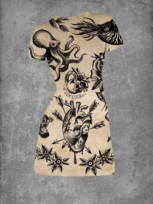 Women's Vintage Heart Traditional Tattoo Crew Neck T-Shirt Dress