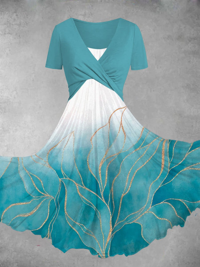 Women's Retro Floral Print V-neck Fake Two-Piece Casual Maxi Dress