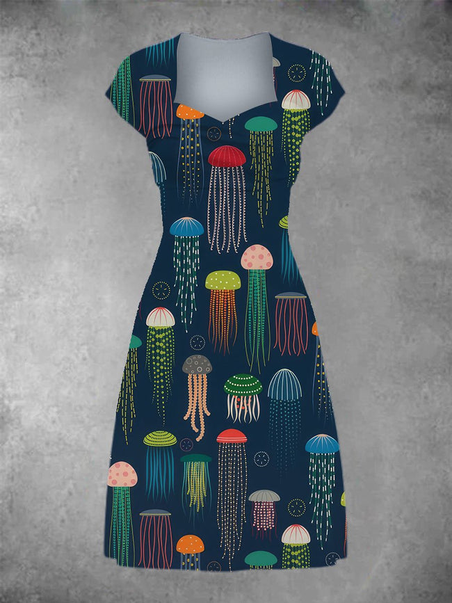 Women's Colourful Jellyfish Print Patchwork Casual Midi Dress