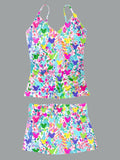 Women’s V-neck Vintage Cute Cartoon Floral Print Suspender Skirt Tankini Set Swimsuit
