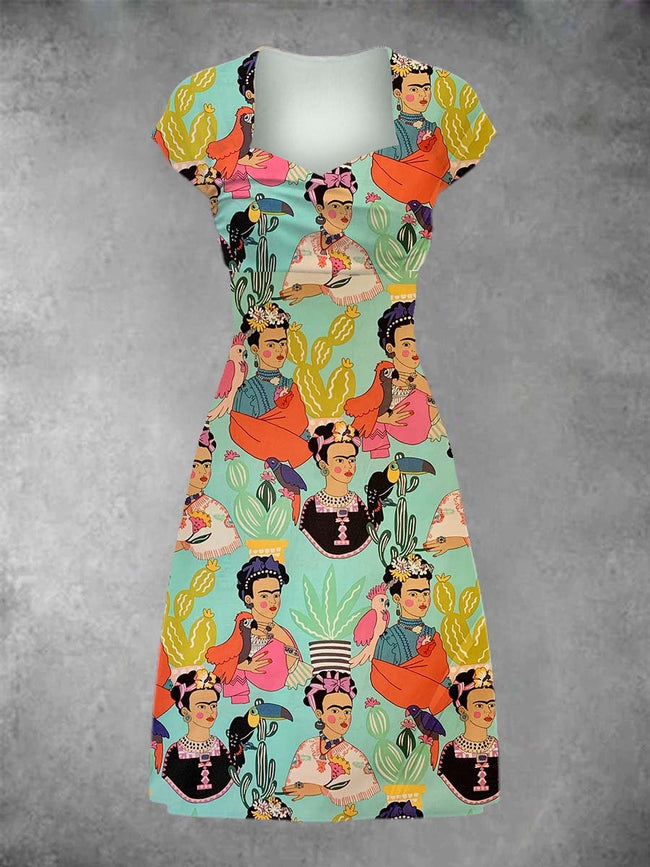 Women's Vintage Exotic Frida Patchwork Casual Midi Dress