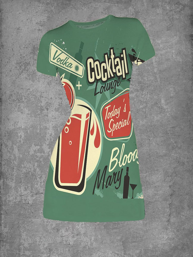 Women's Vintage Cocktail Graphic Crew Neck T-Shirt Dress