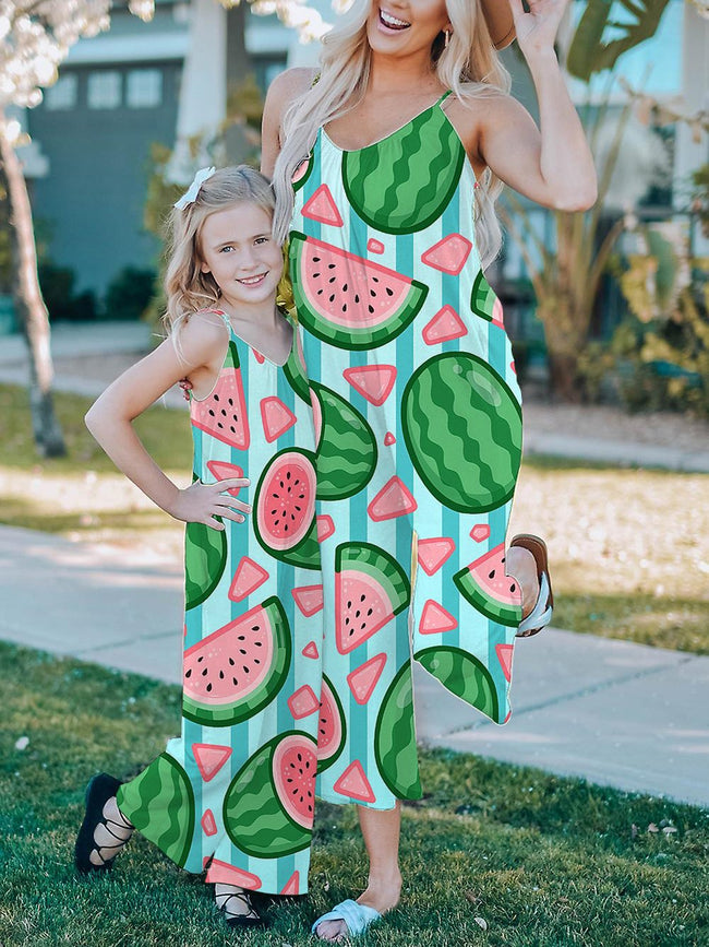 Mommy and Me Jumpsuits Vintage Cute Watermelon Print Wide leg Jumpsuit with Pockets