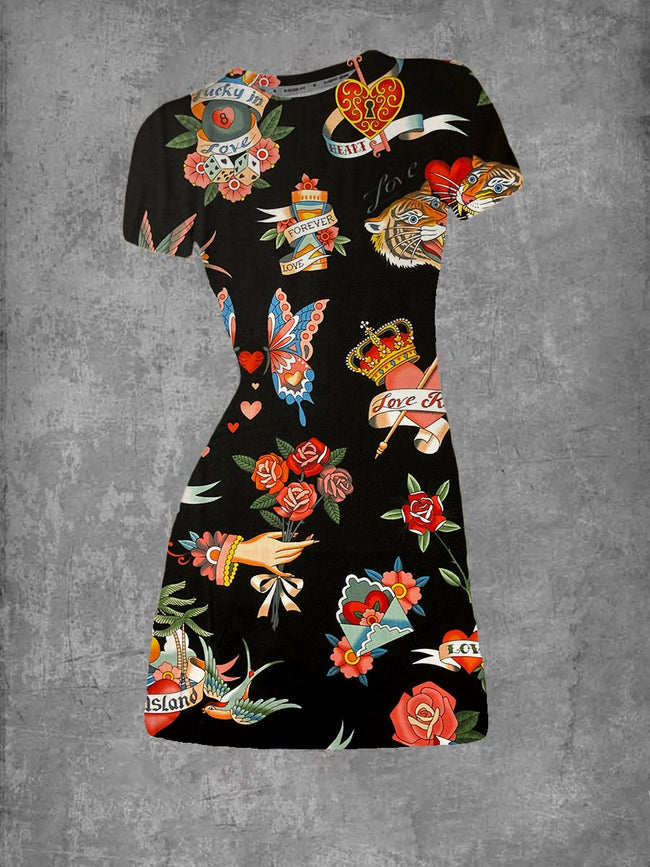 Women's Traditional Tattoo Print T-Shirt Dress