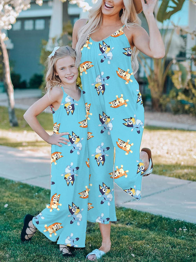 Mommy and Me Jumpsuits Vintage Cute Cartoon Print Wide leg Jumpsuit with Pockets