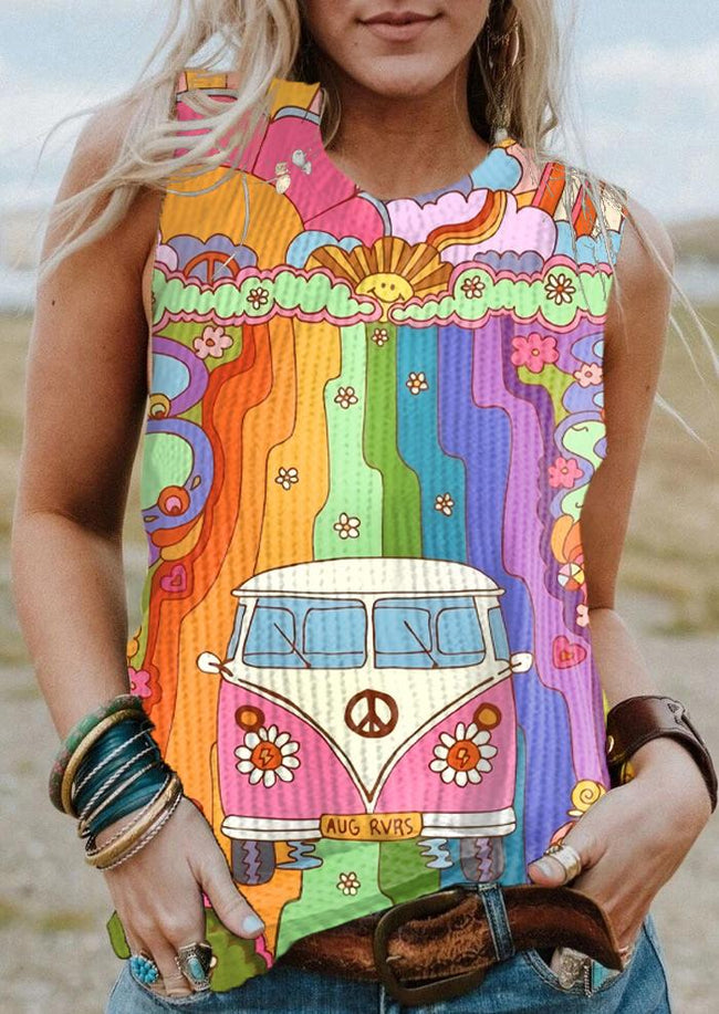 Women's Hippie Print Waffle Fabric Sleeveless Casual Tank Top