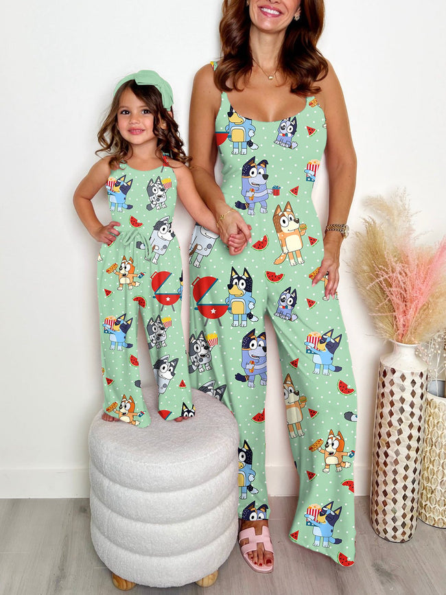 Mommy and Me Jumpsuits Vintage BBQ Cute Cartoon Print Wide leg Jumpsuit