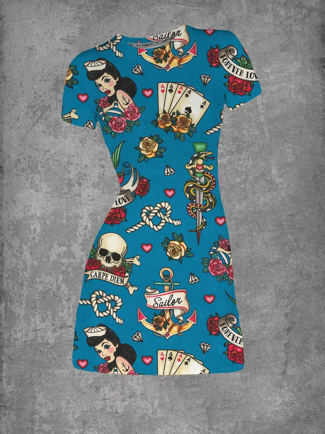 Skull Poker Girl Print Graphic Crew Neck T-Shirt Dress