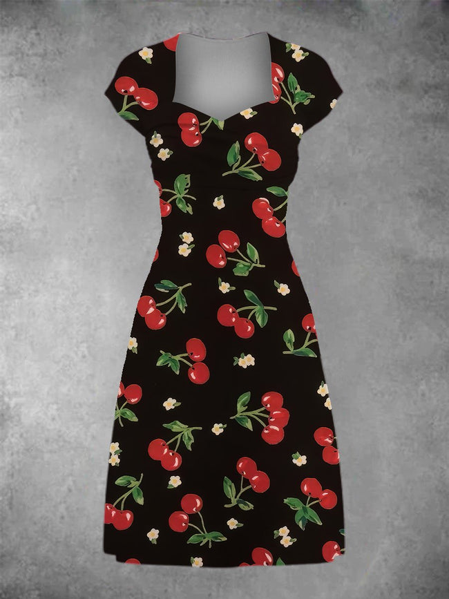 Women's Vintage Cherry Print Patchwork Casual Midi Dress