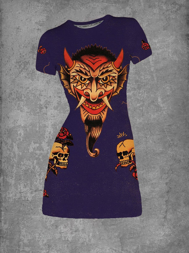 Women's Monster and Skull Tattoo T-Shirt Dress
