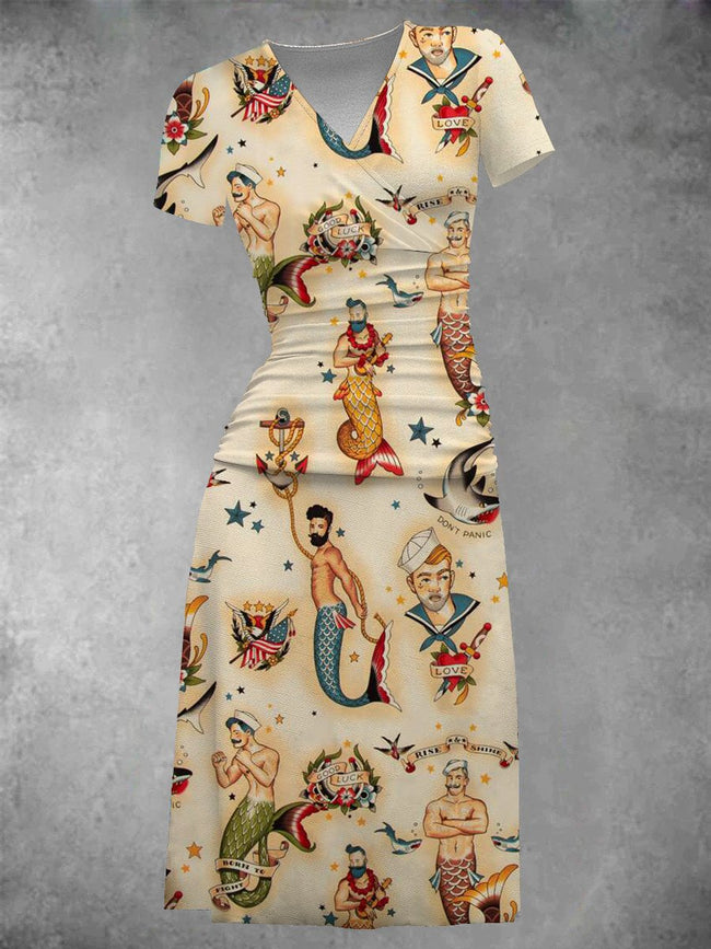 Women's Vintage Manmeid Print Midi Dress