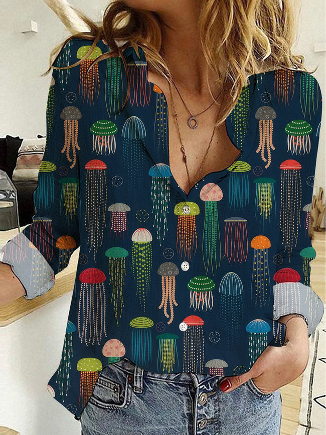 Colourful Jellyfish Print Casual Long Sleeve Shirt