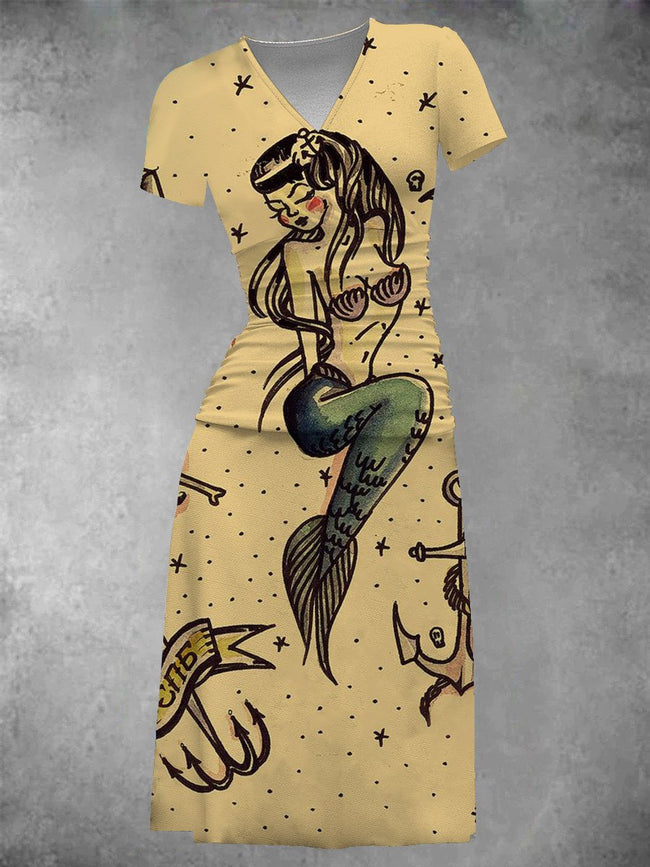 Women's Hawaiian Mermaid Ocean Element Retro Print Two-Piece Midi Dress Set