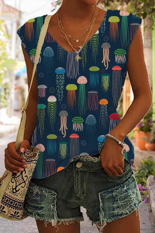 Women's Colourful Jellyfish Print Sleeveless Tank Top
