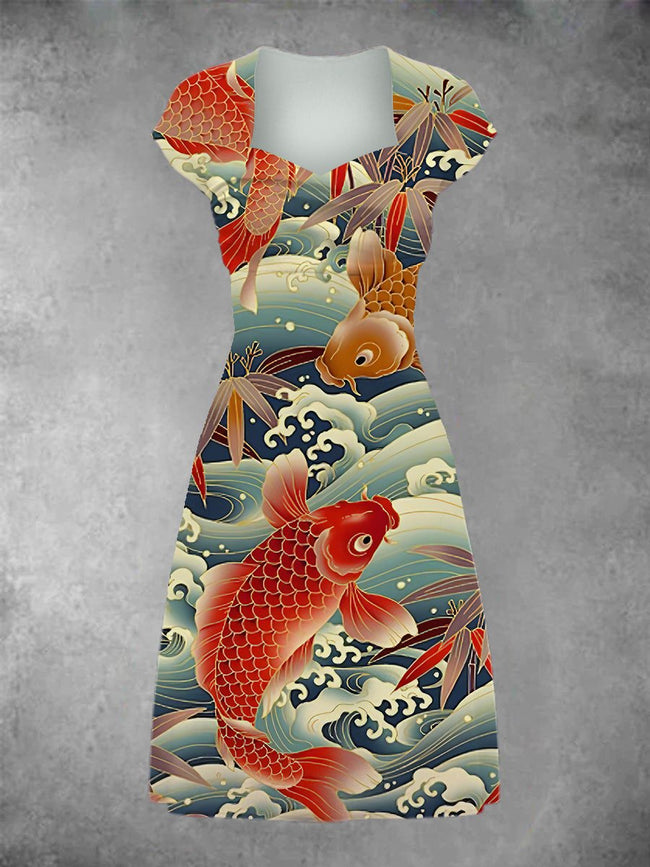 Women's Vintage Koi Fish Print Patchwork Casual Midi Dress