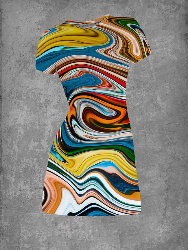 Women's Colourful Swirl Print Crew Neck T-Shirt Dress