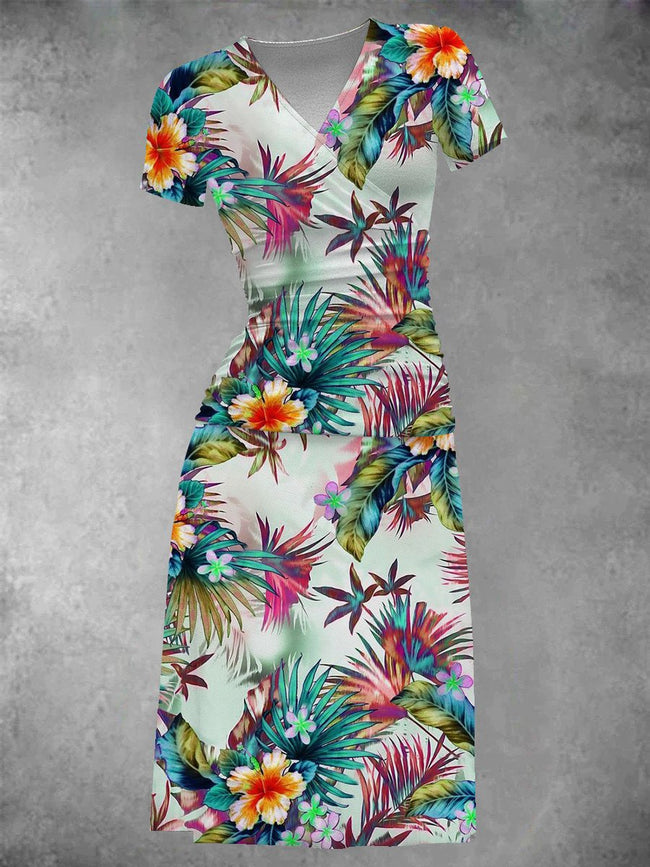 Women's Tropical Plant Floral Print Midi Dress