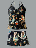 Women’s V-neck Vintage Mermaid Print Suspender Skirt Tankini Set Swimsuit
