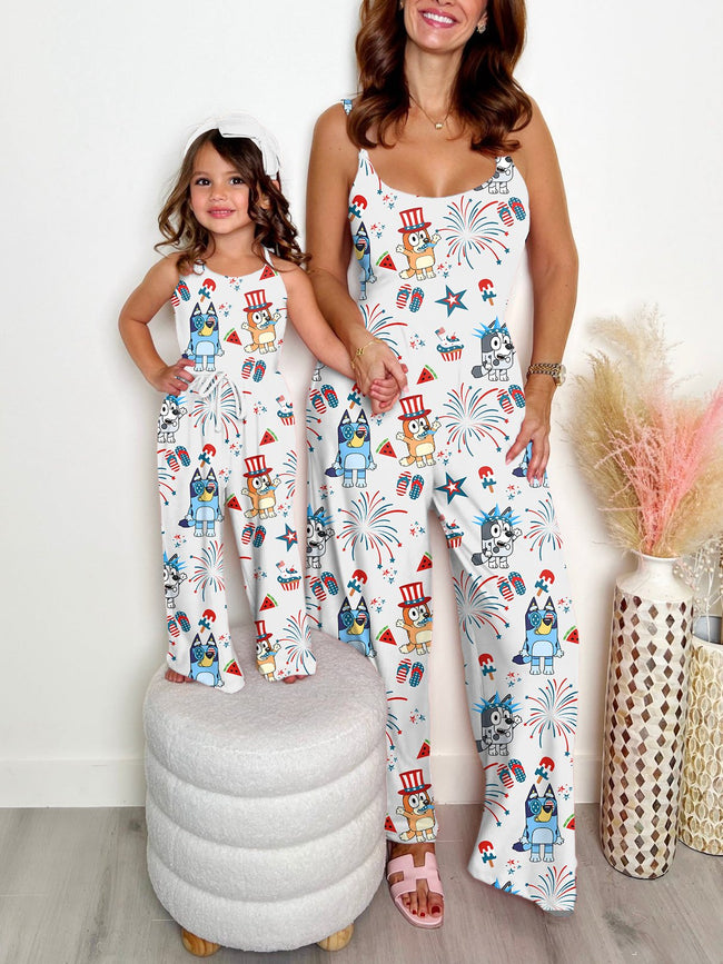 Mommy and Me Jumpsuits Vintage Fourth of July Cute Cartoon Print Wide leg Jumpsuit