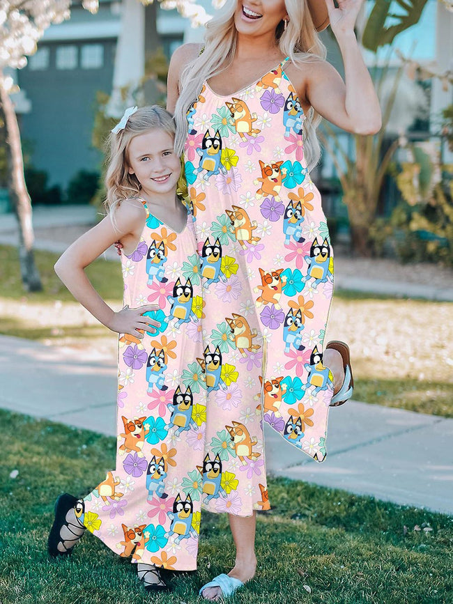 Mommy and Me Jumpsuits Vintage Cute Cartoon Print Wide leg Jumpsuit with Pockets