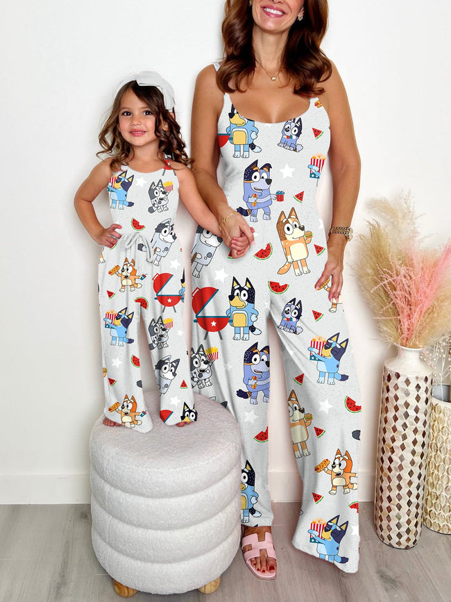 Mommy and Me Jumpsuits Vintage BBQ Cute Cartoon Print Wide leg Jumpsuit